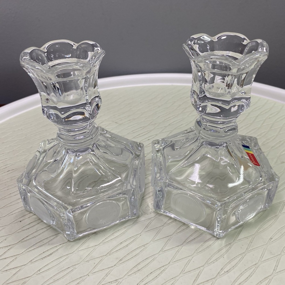 Vintage Pair Of Fostoria Glass Coin Clear Candlesticks Candle‎ Holder